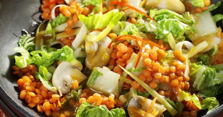 bowl of prepared lentil and vegetable stir fry