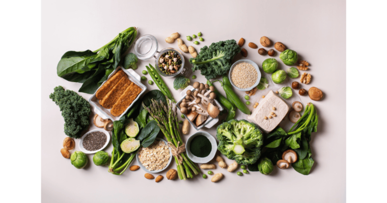 Variety of vegan, plant-based foods and tofu