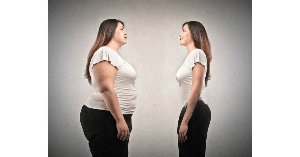 Fat and lean woman in comparison on a grey background