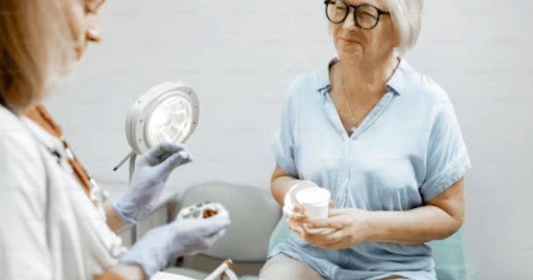 Senior woman sitting on the gynecologist chair during medical consultation with gynecologist