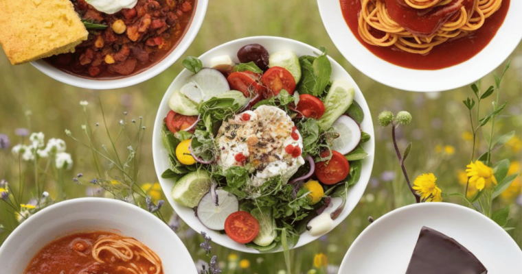 plant-based foods on different bowls with a garden of flowers background.