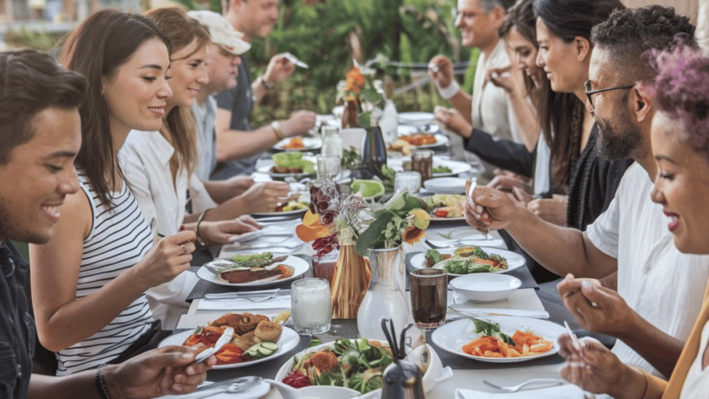 Vegan food tourists eating sitting around the table