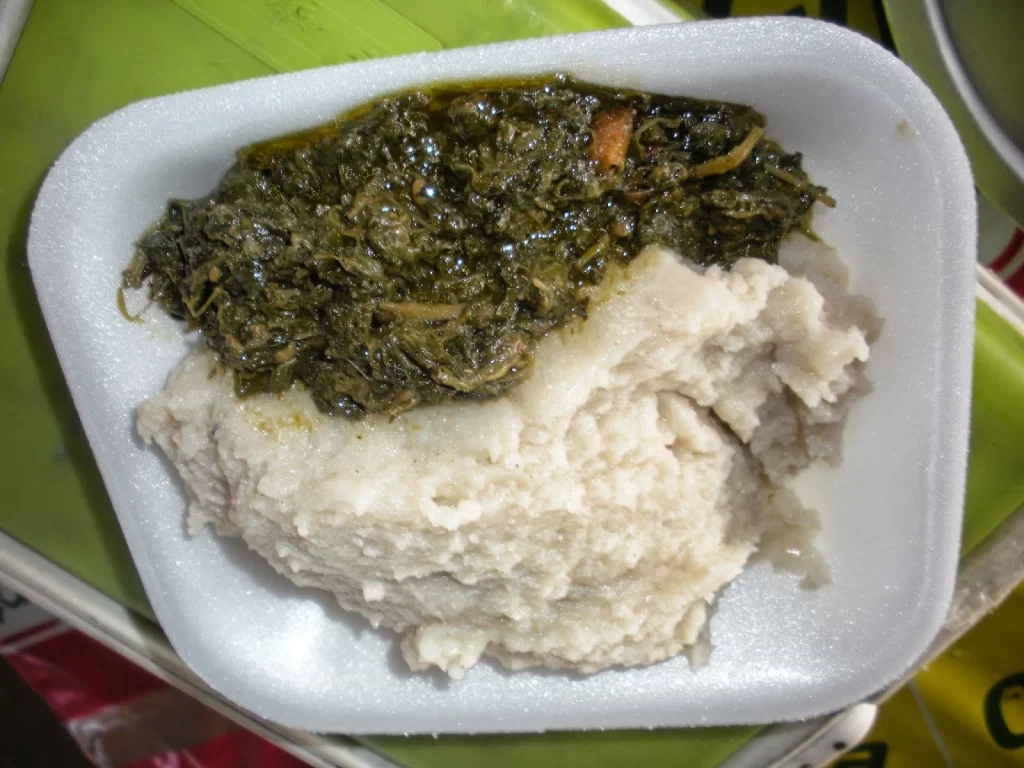 Pap and morogo on a disposable plate