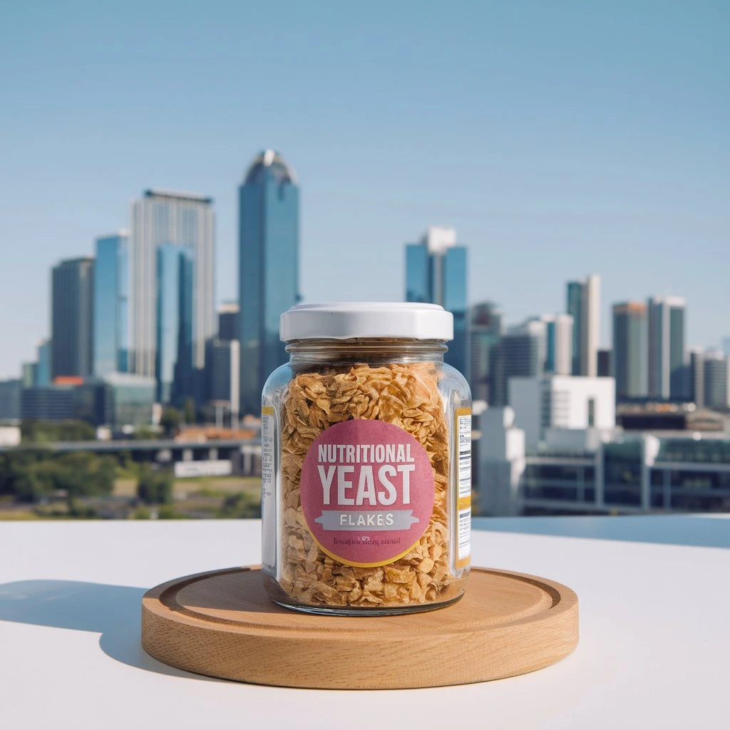 Nutritional yeast flakes on a glass jar on top the table facing the background of Sandton, in Johannesburg