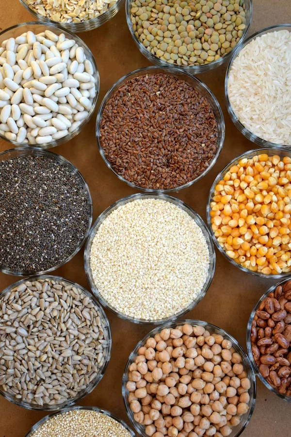 Disiana Caballero's display of variety of grains for affordable vegan staples in SA.