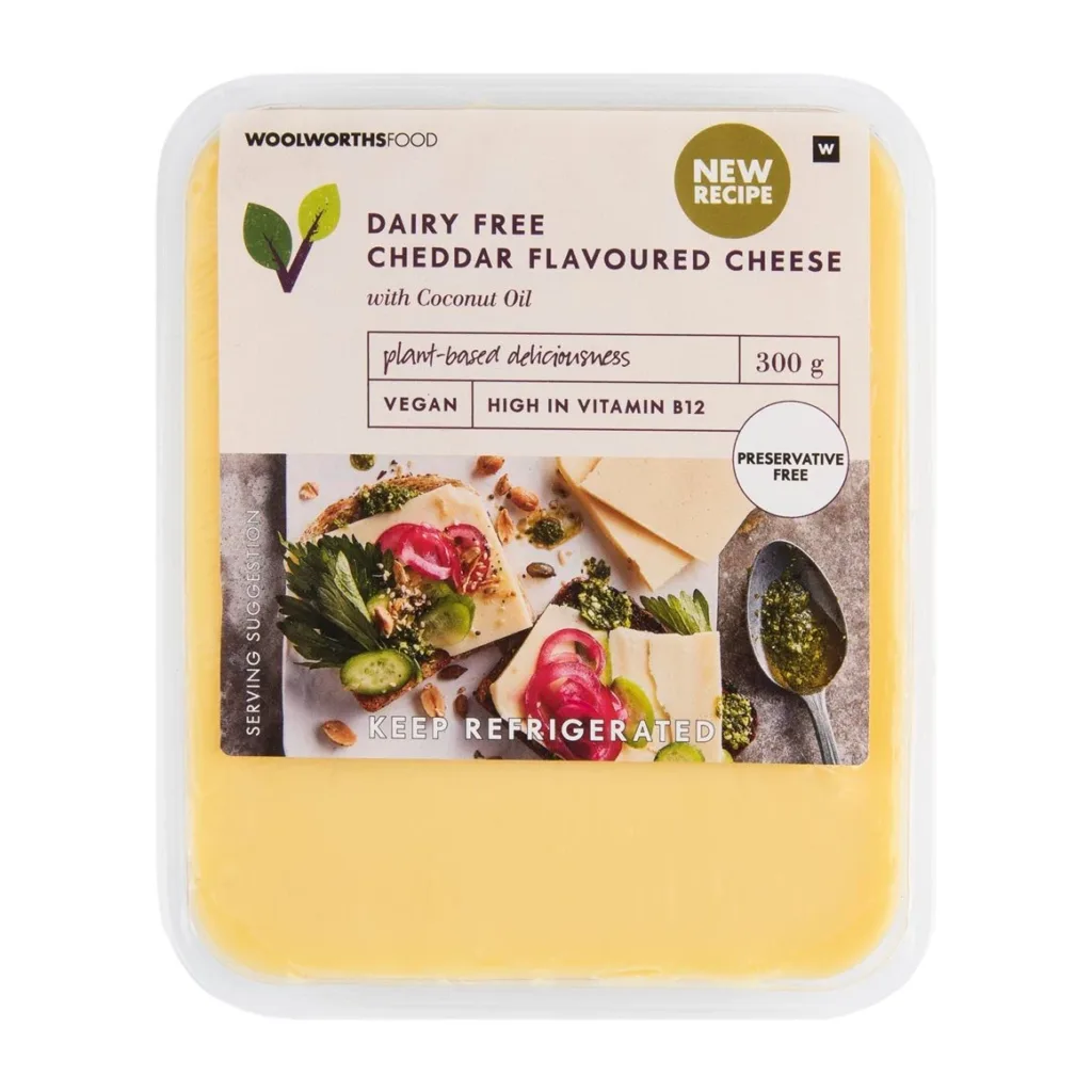 Dairy free cheddar flavoured cheese with coconut oil.