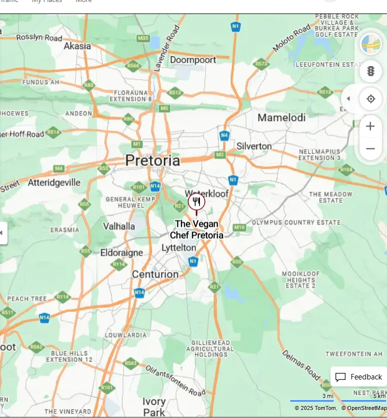 A screenshot of The Vegan Chef (Brooklyn), a vegan restaurant in Pretoria.