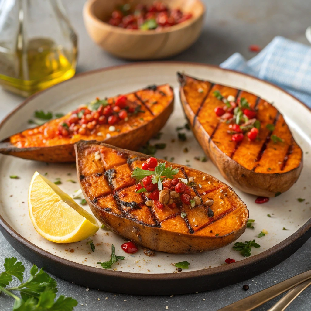Braai sweet potatoes with garlic & chilli drizzle on a ceramic plate with a brown bowl with chillis and a glass of olive oil for vegan festive recipes.