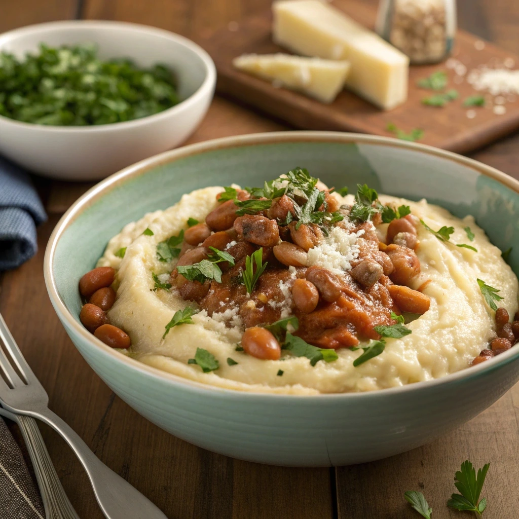 pap and beans on a bowl with fork next to it on a table.