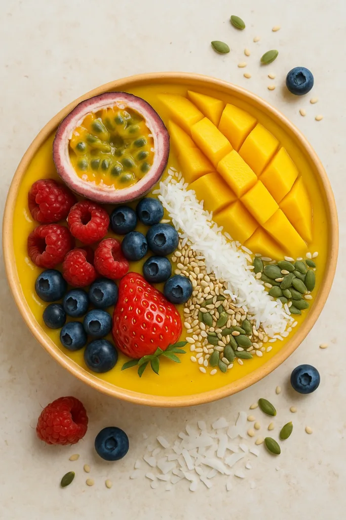 Smoothie bowl with granadilla, mango, berries, coconut, and seeds.