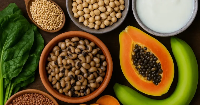 African gut health diet flat-lay with traditional grains, legumes, leafy greens and fruits on a wooden table.