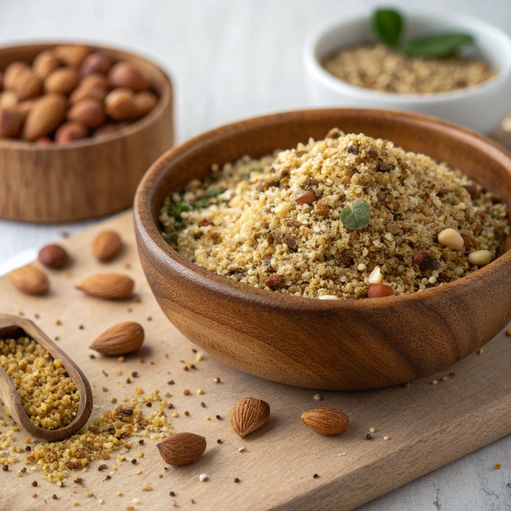 Homemade SA style seed & nut dukka on a wooden board and a bowl of nuts.