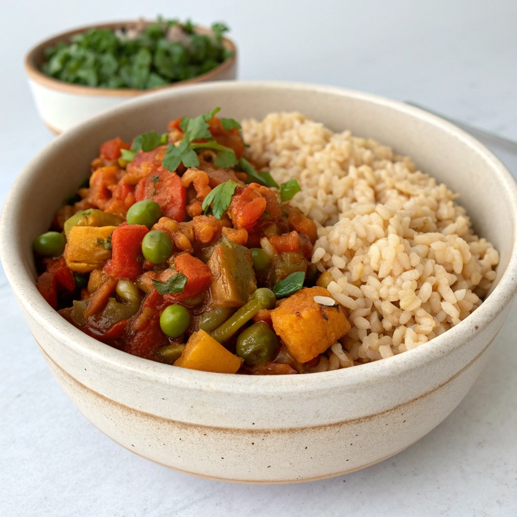 WFPB brown rice & chakalaka meal on a white bowl