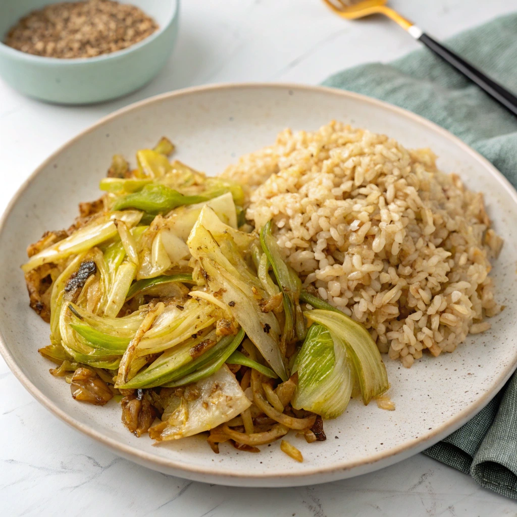 WFPB, oil-free brown rice and sauteed cabbagein a bowl.