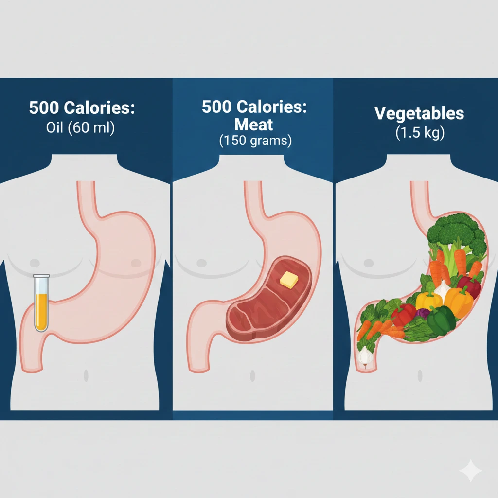 An infographic of 500 calories in the stomach for oil, meat and vegetables in what the doctors say about plant-based diet.