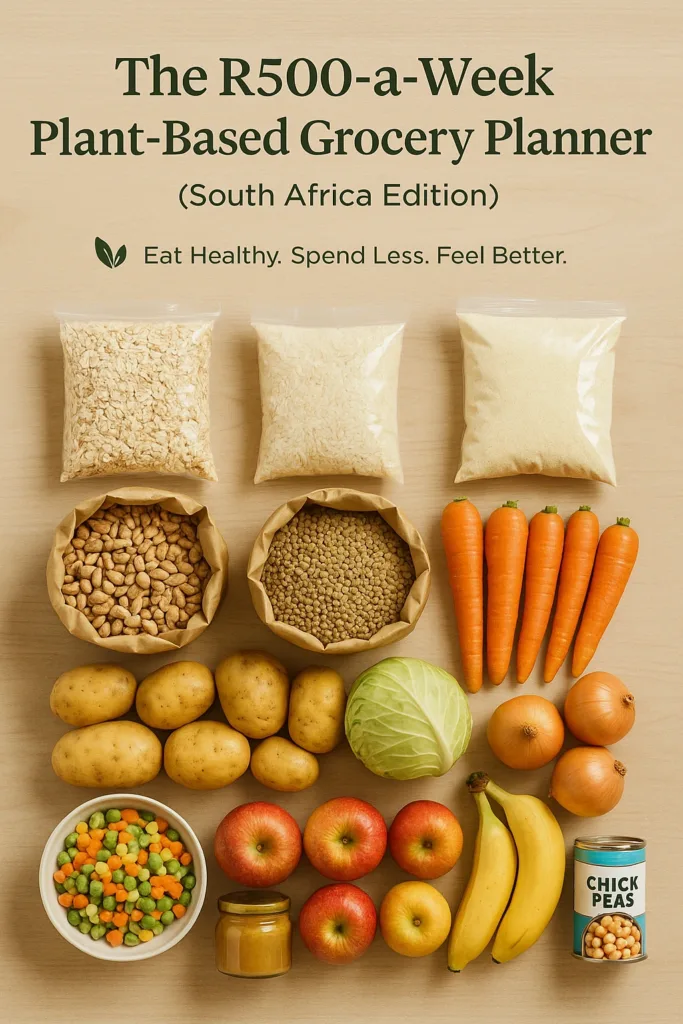 Flat-lay of affordable South African plant-based groceries including oats, rice, maize meal, beans, lentils, potatoes, cabbage, carrots, apples, bananas, and peanut butter.