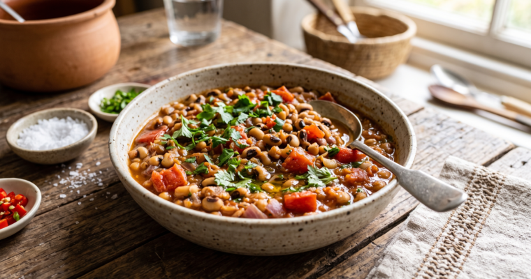 A bowl of cooked cowpeas (black-eyed peas) with onion and tomato, a South African plant-based staple