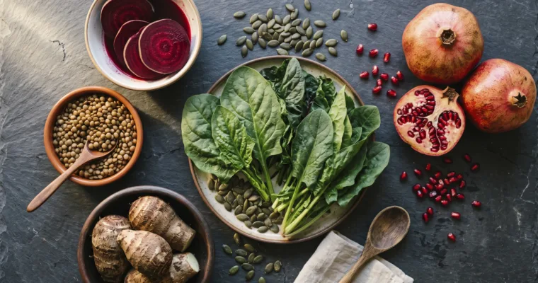 A vibrant lay-flat shot on a dark slate background featuring dark leafy greens (morogo/spinach), pumpkin seeds, sliced beetroot, whole pomegranates, boiled amadumbe, and cooked brown lentils under warm, natural lighting.